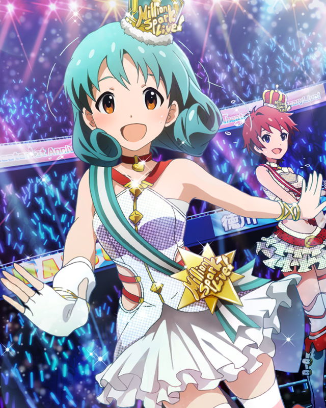 10s, 2girls, anniversary, audience, brown_eyes, brown_hair, card_(medium), choker