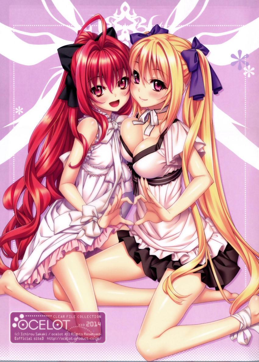 2girls, four-finger_heart_hands, :d, absurdres, ahoge, ankle_ribbon, asymmetrical_docking, barefoot