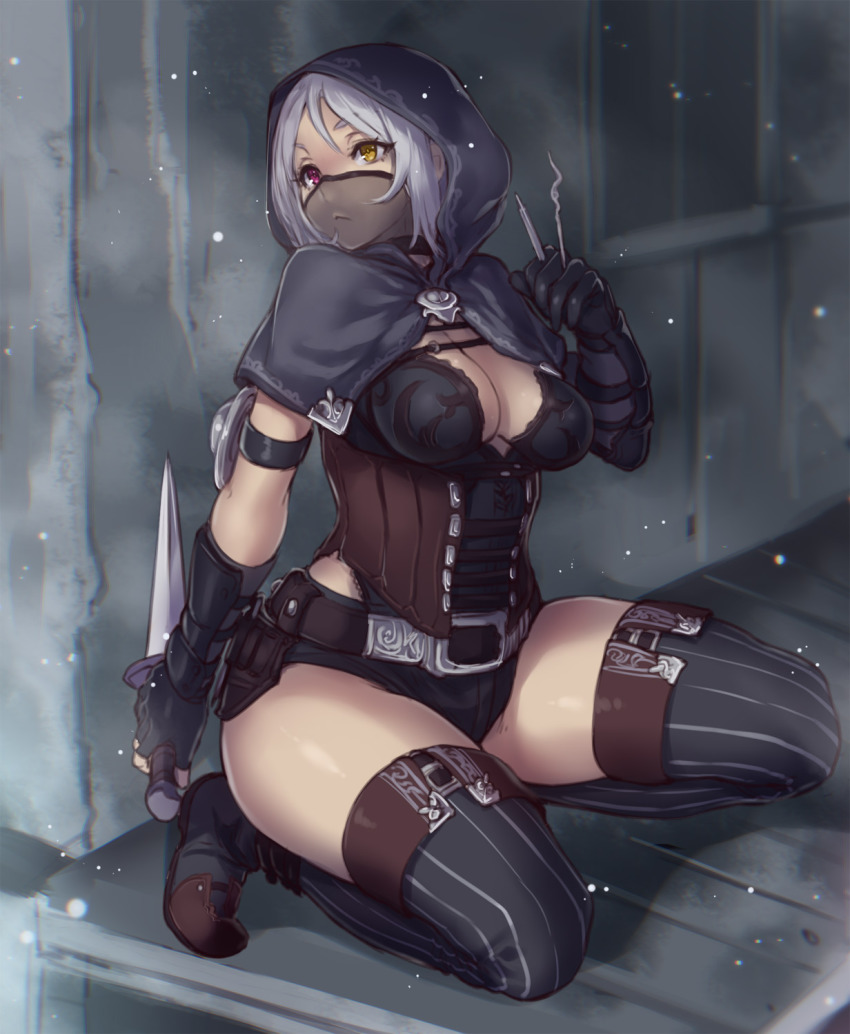 1girl, :<, arm_guards, assassin, belt, boots, breasts, choker, cleavage, corset, female_focus, fingerless_gloves, gloves, half_mask, heterochromia, highres, holding, hood, houtengeki, kneeling, knife, large_breasts, lockpick, mask, original, red_eyes, reverse_grip, short_hair, silver_hair, solo, striped_clothes, striped_thighhighs, thick_thighs, thigh_boots, thighhighs, thighs, vertical-striped_clothes, vertical-striped_thighhighs, weapon, yellow_eyes