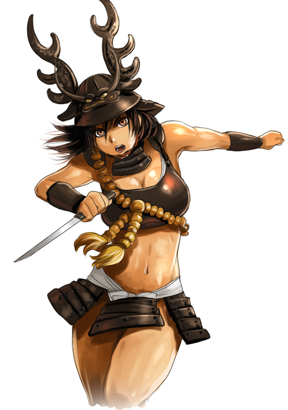 00s, 1girl, armor, bad_id, bad_pixiv_id, beads, bracer, breasts, brown_hair, cleavage, female_focus, genderswap, genderswap_(mtf), helmet, honda_tadakatsu_(sengoku_basara), horns, japanese_armor, kabuto_(helmet), knife, kusazuri, large_breasts, midriff, mizuhara_aki, prayer_beads, running, samurai, sengoku_basara, short_hair, solo, sports_bra, warrior, white_background