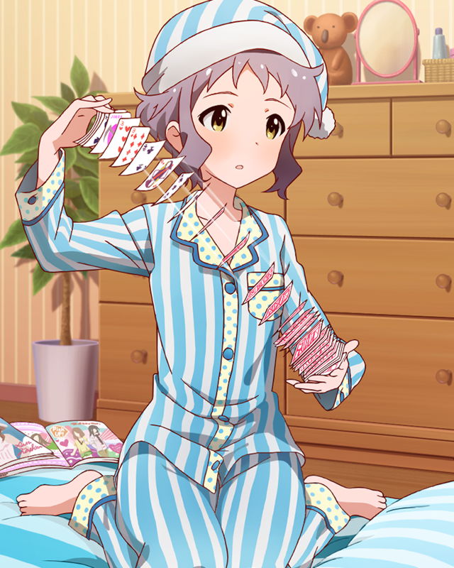 10s, 1girl, artist_request, card, grey_hair, hat, idolmaster, idolmaster_million_live!