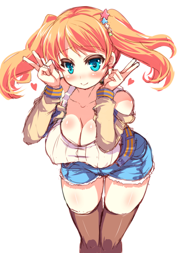 1girl, blonde_hair, blue_eyes, blush, breasts, cleavage, collarbone, denim, denim_shorts, double_v, female_focus, fujiyama_takashi, heart, jennifer_(love_live!), large_breasts, long_hair, love_live!, love_live!_school_idol_festival, off_shoulder, orange_hair, shorts, simple_background, smile, solo, source_request, thighhighs, thighs, twintails, v, white_background, zettai_ryouiki