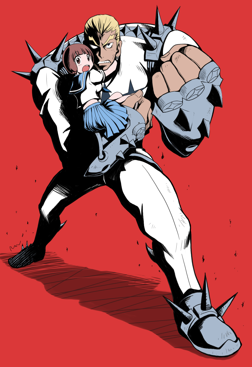 10s, 1boy, 1girl, ayaran, bob_cut, brown_hair, gamagoori_ira, highres