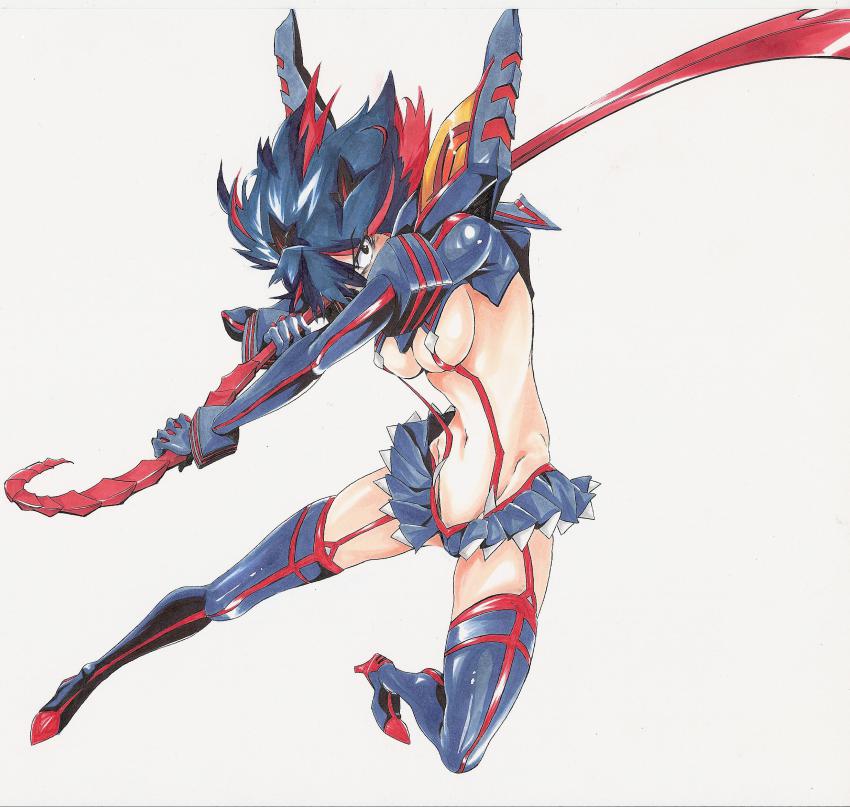 10s, 1girl, absurdres, black_hair, boots, highres, juuzou_(amayuu112), kill_la_kill, matoi_ryuuko, multicolored_hair, senketsu, sword, thigh_boots, thighhighs, traditional_media, weapon