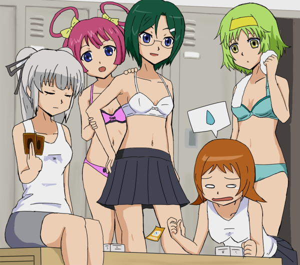 ageha_aoba, blue_eyes, bow, bra, breasts, bright_(tag_force), card, glasses, green_hair, headband, miyata_yuma, orange_hair, rain_megumi, reika_hara, rin_kaiho, sad, short_hair, silver_hair, skirt, tagme, tears, towel, underwear, yellow_eyes, yu-gi-oh!, yu-gi-oh!_5d's, yu-gi-oh!_tag_force