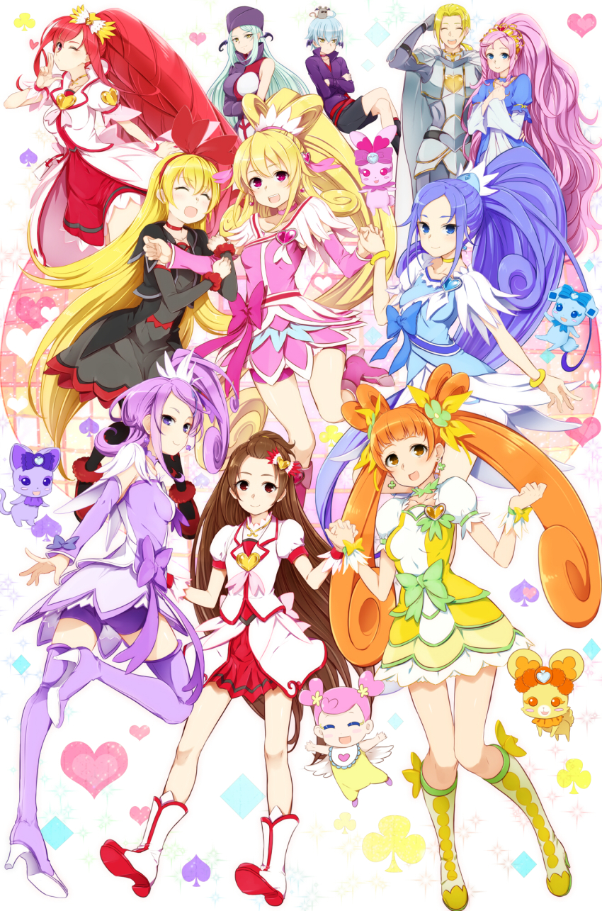6+girls, ai-chan_(precure), aida_mana, arm_hug, arm_warmers, bel_(precure), black_dress, blue_bow