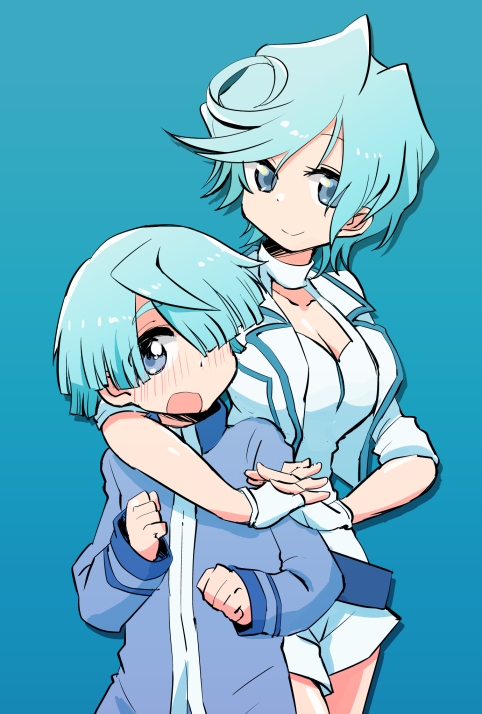10s, 1boy, 1girl, aqua_eyes, aqua_hair, blue_eyes, blue_hair, blush