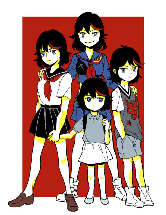 10s, age_progression, black_hair, celandine, child, holding_hands, hands_on_shoulders, kill_la_kill