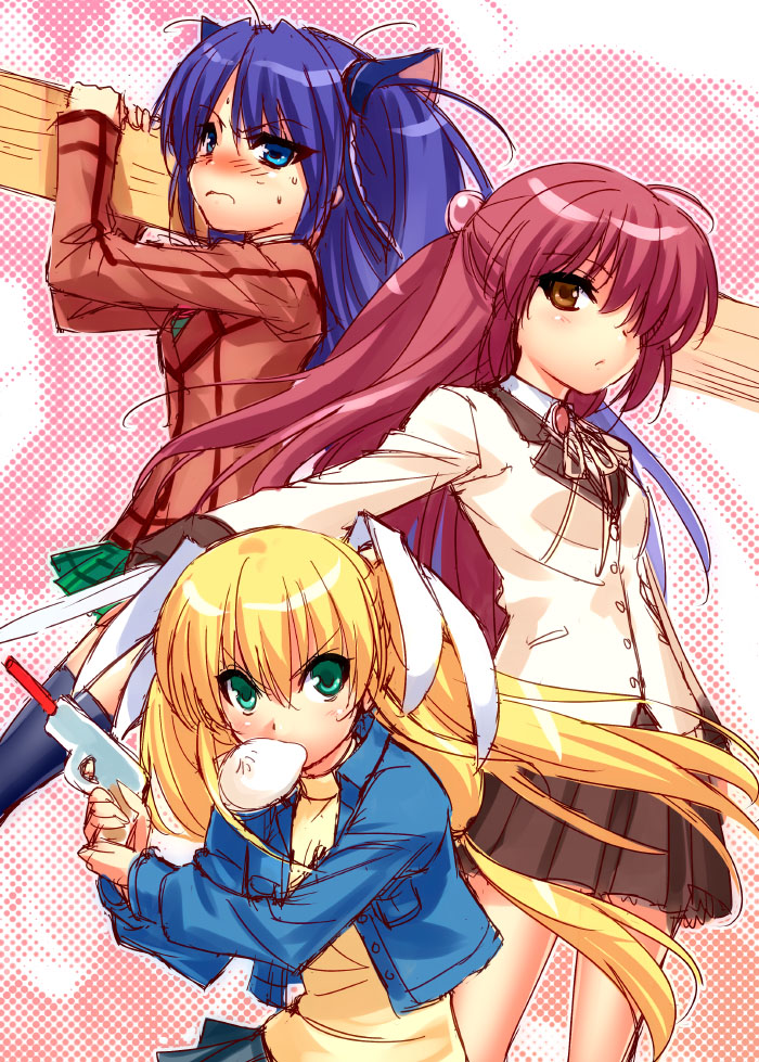3girls, angel_beats!, steamed_bun, blazer, blonde_hair, blue_eyes, company_connection, cosplay, crossover, food, futaki_kanata, gun, hair_bobbles, hair_ornament, hand_sonic, jacket, kanon, key_(company), little_busters!, long_hair, mouth_hold, multiple_crossover, multiple_girls, ootori_chihaya, ootori_chihaya_(cosplay), plaid_clothes, plaid_skirt, plank, purple_hair, rewrite, ribbon, sasasegawa_sasami, sawatari_makoto, sawatari_makoto_(cosplay), school_uniform, skirt, tenshi_(angel_beats!), tenshi_(angel_beats!)_(cosplay), thighhighs, tokido_saya, twintails, two_side_up, weapon, yellow_eyes, zen