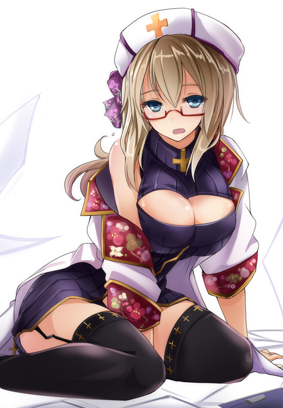 1girl, blue_eyes, breasts, brown_hair, cleavage, cleavage_cutout, clothing_cutout, cross