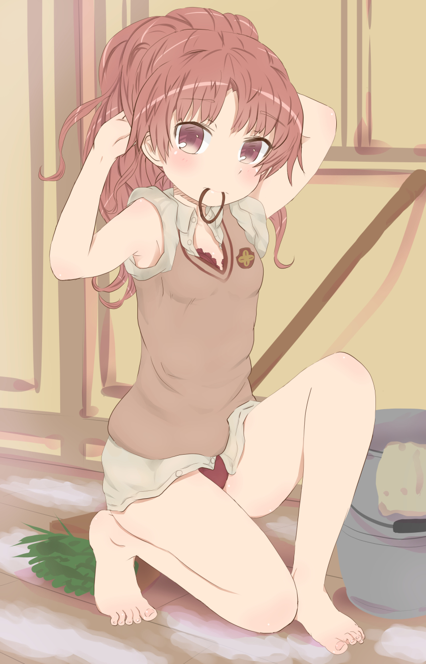 1girl, absurdres, adjusting_hair, alternate_hairstyle, armpits, bad_id, bad_pixiv_id, barefoot
