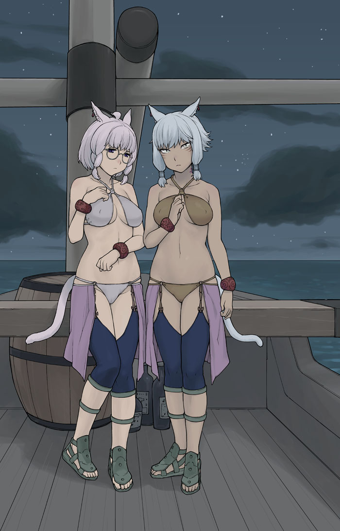 10s, 2girls, animal_ears, barrel, bikini, bottle, bracelet, braid, breasts, cameltoe, cat_ears, cat_girl, cat_tail, covered_erect_nipples, dancer, final_fantasy, final_fantasy_xiv, glasses, hebichan, jewelry, k'lyhia, large_breasts, miqo'te, multiple_girls, navel, night, ocean, pink_hair, sandals, ship, short_hair, sky, slit_pupils, star_(sky), starry_sky, swimsuit, tail, twin_braids, water, watercraft, white_hair, wine_bottle, y'shtola_rhul