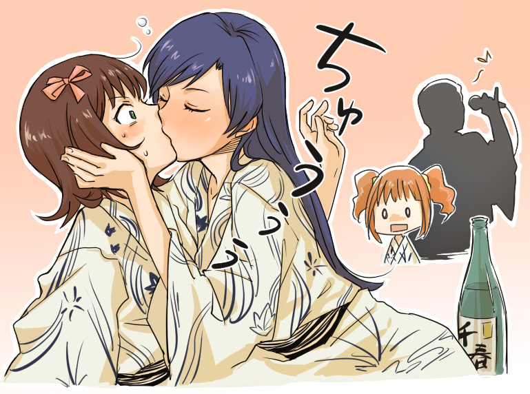00s, 3girls, alcohol, amami_haruka, blush, bottle, closed_eyes, drunk, french_kiss, idolmaster, idolmaster_(classic), idolmaster_1, japanese_clothes, karaoke, kimono, kisaragi_chihaya, kiss, multiple_girls, music, o_o, pe88y_(yu_tsugirls), sake_bottle, silhouette, singing, surprised, takatsuki_yayoi, twintails, yukata, yuri