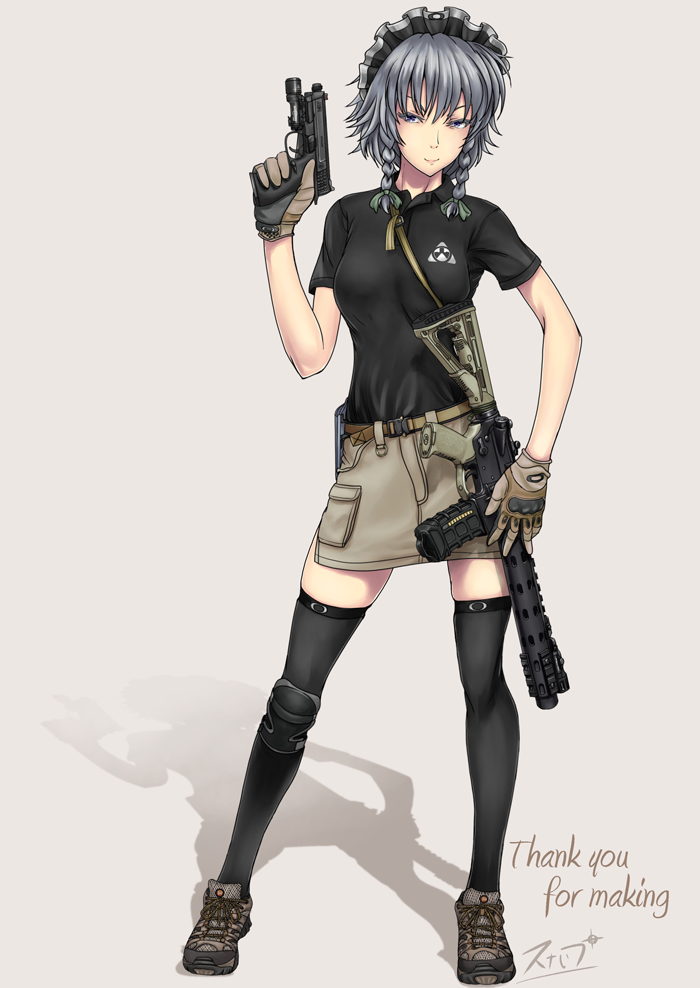 >:), 1girl, alternate_costume, ar-15, assault_rifle, belt, black_thighhighs, blue_eyes, braid, breast_press, breasts, english_text, engrish_text, female_focus, gloves, gun, handgun, holster, izayoi_sakuya, looking_at_viewer, maid_headdress, medium_breasts, pistol, ranguage, rifle, shadow, short_hair, silver_hair, skindentation, skirt, smile, smith_&amp;_wesson, solo, sunaipu_(age-zero), thighhighs, touhou, trigger_discipline, twin_braids, v-shaped_eyebrows, weapon, zettai_ryouiki