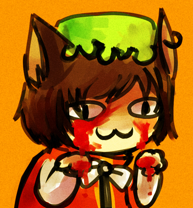 <o>_<o>, 1girl, :3, animal_ears, black_eyes, blood, blood_on_face, blood_on_hands, brown_hair, cat_ears, chen, earrings, female_focus, hat, hibrid56, jewelry, lowres, mob_cap, neck_ribbon, orange_background, ribbon, solo, touhou