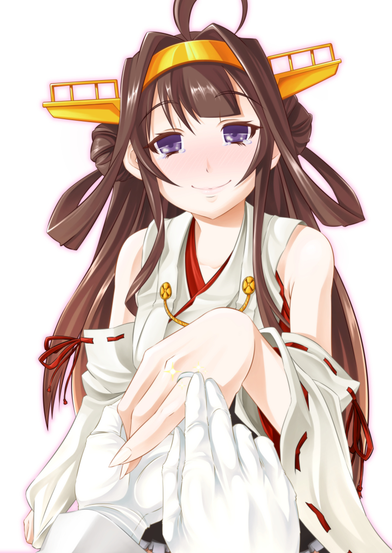 10s, 1boy, 1girl, admiral_(kancolle), ahoge, bare_shoulders, brown_hair, detached_sleeves, double_bun, hair_bun, hair_ornament, hairband, headgear, japanese_clothes, jewelry, kantai_collection, kongou_(kancolle), long_hair, marriage_proposal, nontraditional_miko, open_mouth, personification, pov, putting_on_jewelry, ribbon-trimmed_sleeves, ribbon_trim, ring, skirt, smile, solo_focus, tears, thighhighs, wedding_band, wedding_ring, yoshihisa_(yoshihisa0111)
