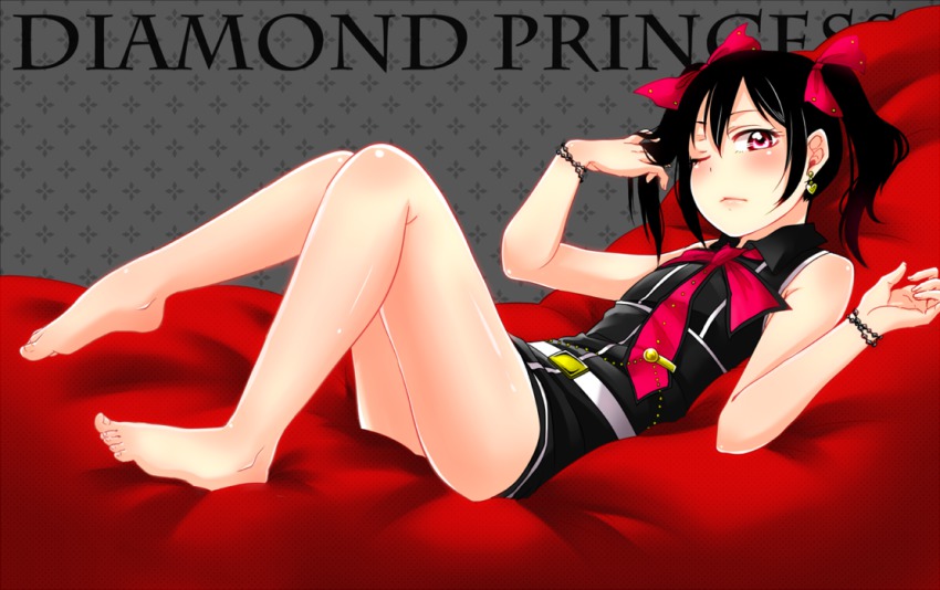 10s, 1girl, barefoot, black_hair, blush, bow, dress, earrings