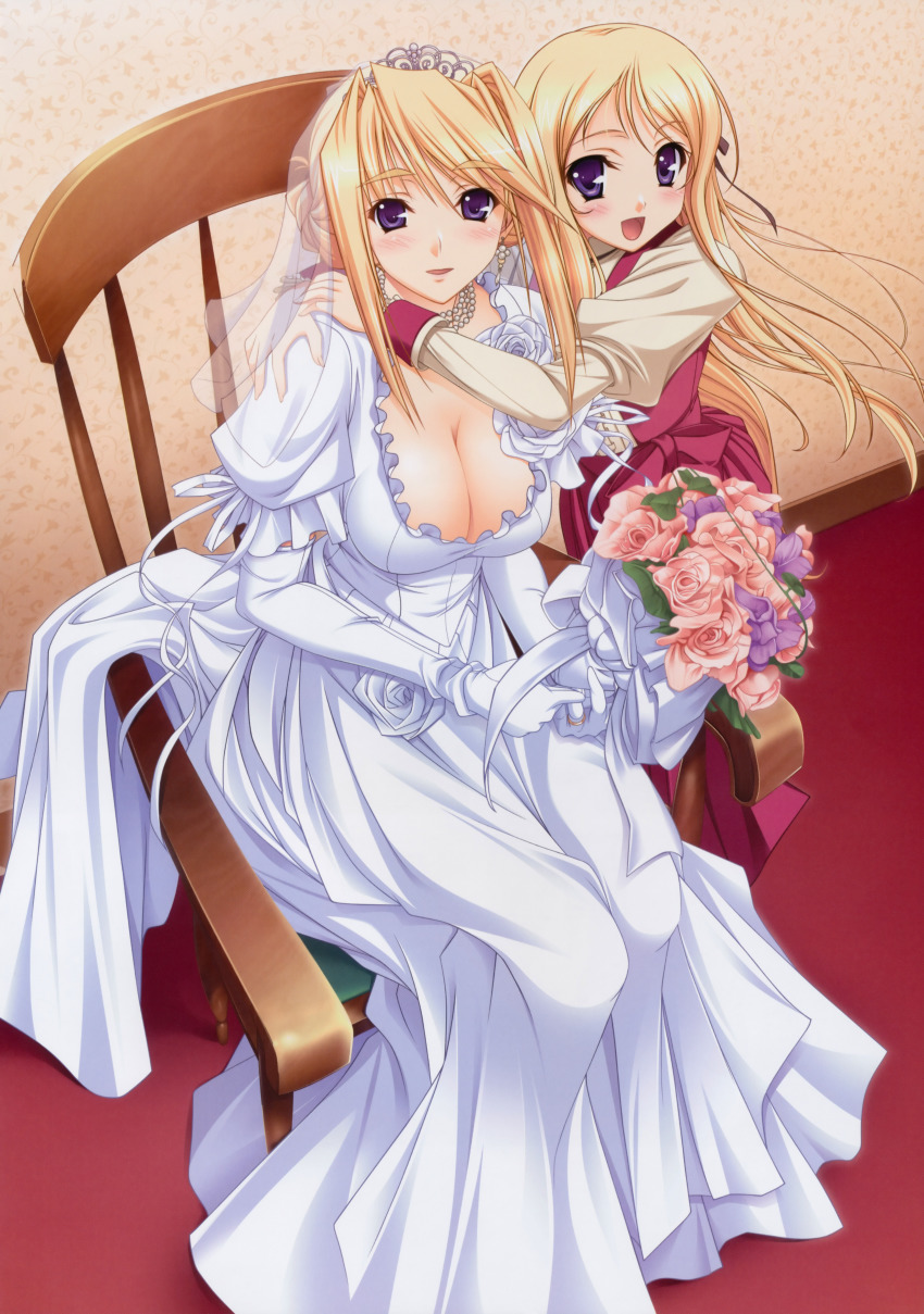 2girls, :d, absurdres, age_difference, blonde_hair, blue_eyes, blush, bouquet, bow, breasts, bridal_veil, chair, cleavage, dress, earrings, elbow_gloves, flower, frills, from_above, gloves, hair_bun, hair_ribbon, hand_on_another's_shoulder, happy, highres, holding, hug, huge_filesize, indoors, jewelry, komori_kei, large_breasts, long_dress, long_hair, long_skirt, long_sleeves, looking_at_viewer, maria_van_hossen, multiple_girls, necklace, official_art, open_mouth, pearl_necklace, pink_flower, pink_rose, princess_lover, puffy_short_sleeves, puffy_sleeves, ribbon, rose, see-through_clothes, short_hair, short_sleeves, siblings, silvia_van_hossen, single_hair_bun, sisters, sitting, skirt, sleeve_cuffs, smile, standing, thick_eyebrows, tiara, veil, very_long_hair, wedding_dress, white_flower, white_gloves, white_rose