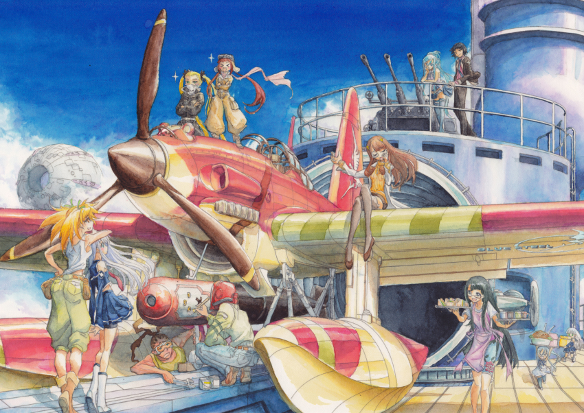 10s, 3boys, 6+girls, aerial_bomb, aerial_torpedo, aichi_m6a_seiran, aircraft, airplane, alternate_costume, aoki_hagane_no_arpeggio, apron, arms_behind_back, ass, bare_shoulders, belt, belt_pouch, blue_skirt, bomb, boots, cannon, chibi, chihaya_gunzou, crossed_legs, denim, explosive, faux_traditional_media, floatplane, food, full_body, glasses, goggles, hair_ornament, haruna_(aoki_hagane_no_arpeggio), hazumi_shizuka, headgear, helmet, highres, hyuuga_(aoki_hagane_no_arpeggio), i-400-class-submarine, i-401, iona_(aoki_hagane_no_arpeggio), jeans, kashihara_kyouhei, kirishima_(aoki_hagane_no_arpeggio), long_hair, machinery, mask, mother_ship, multiple_boys, multiple_girls, naka_(nicovideo14185763), one_eye_closed, open_mouth, oribe_sou, osakabe_makie, paint, paintbrush, painting_(action), pants, parasite_aircraft, personification, pier, plant, pleated_skirt, pocket, ponytail, pouch, propeller, puffy_pants, railing, scarf, school_uniform, seaplane, serafuku, shirt, sitting, skirt, sleeveless, sleeveless_shirt, smile, squatting, submarine, submarine_aircraft_carrier, takao_(aoki_hagane_no_arpeggio), tank_top, thighhighs, torpedo, traditional_media, turret, twintails, type_91_torpedo, vehicle_and_personification, vehicle_focus, watanuki_iori, watercraft, wink, yotarou_(aoki_hagane_no_arpeggio)