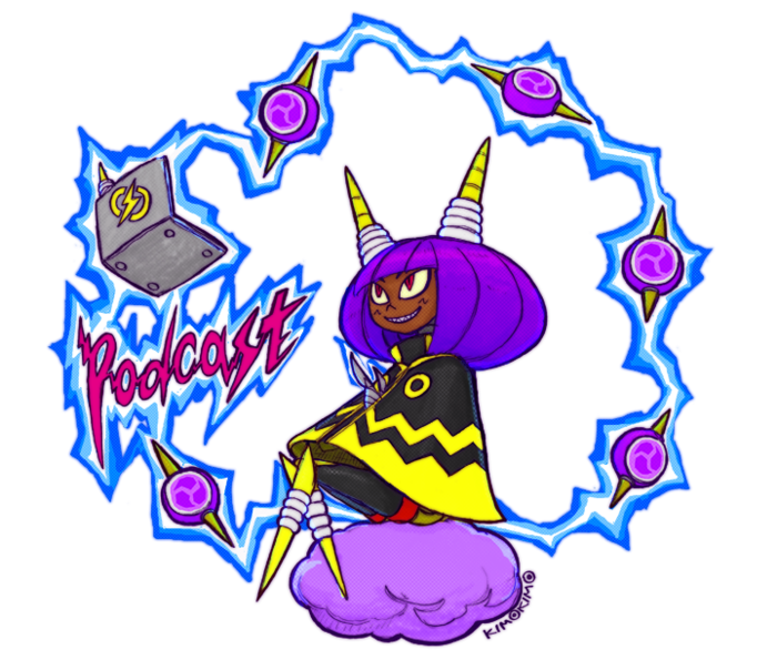 1girl, cloud, dark-skinned_female, dark_skin, dynatron_(mighty_no._9), electricity, horns, kimoto_takenori, magatama, mighty_no._9, official_art, purple_hair, short_hair, sitting, smile, transparent_background