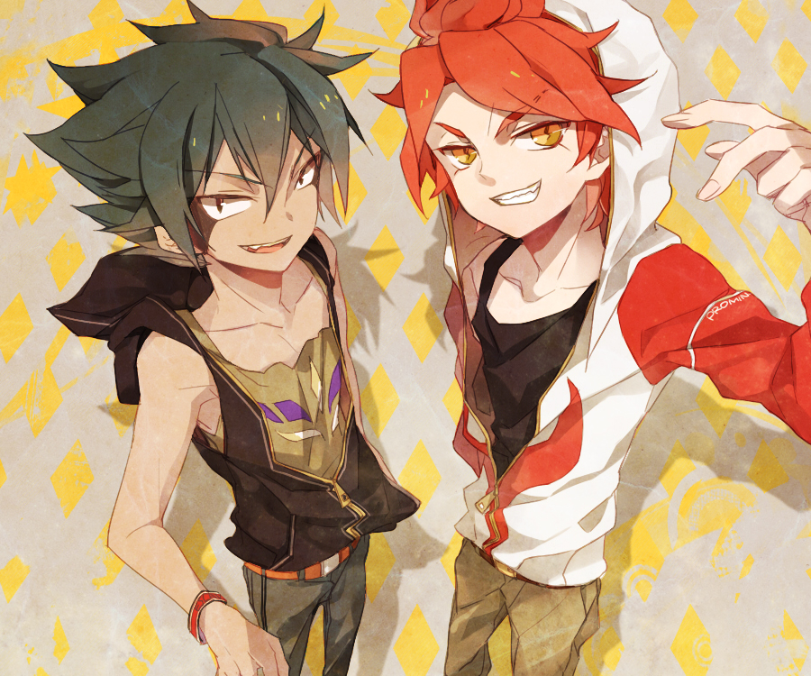 2boys, bad_id, bad_pixiv_id, belt, bracelet, character_name, eska_bamel, grin