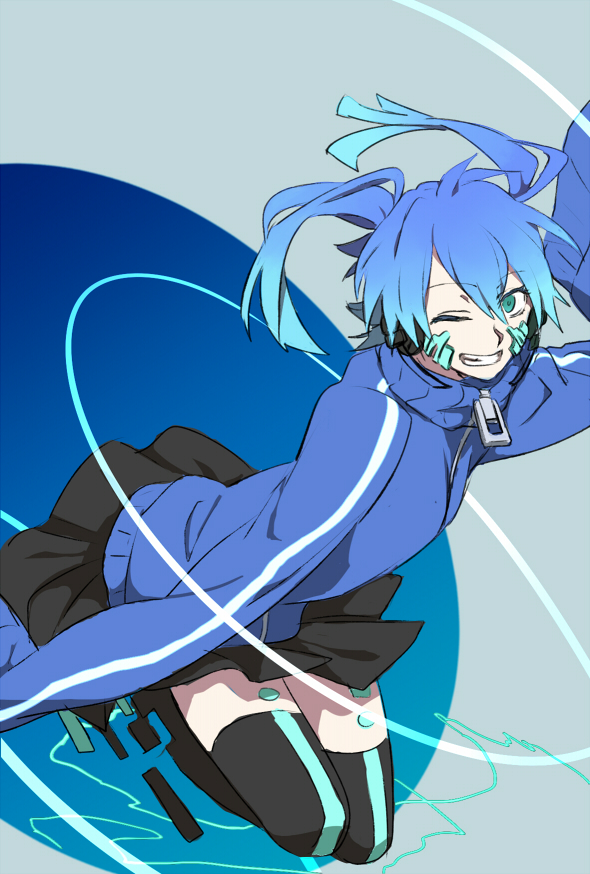 1girl, aqua_eyes, blue_eyes, blue_hair, ene_(kagerou_project), female_focus, gradient_hair, grin