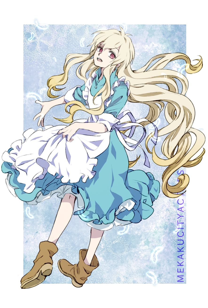 1girl, apron, blonde_hair, boots, dress, female_focus, hair_spread_out, highres