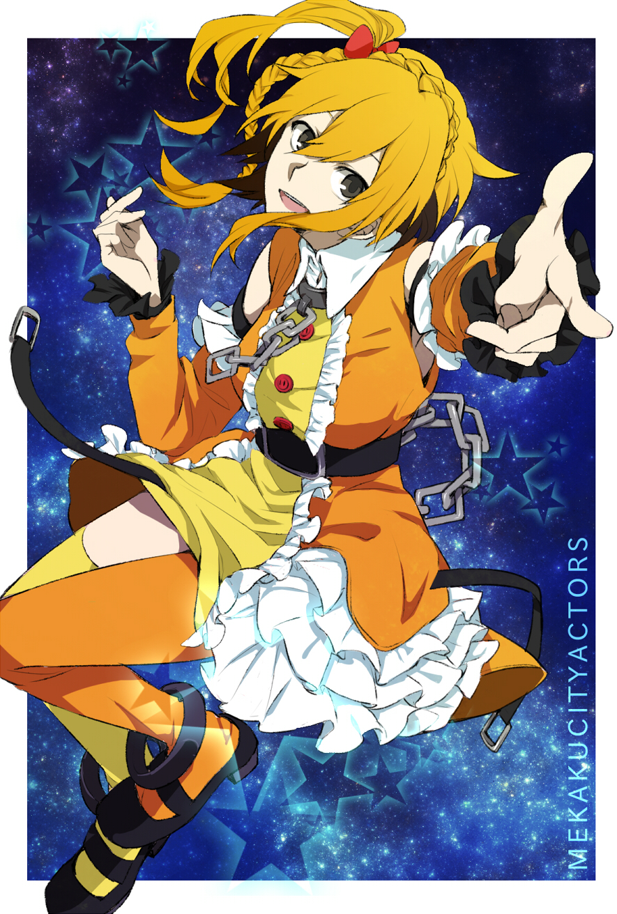 1girl, belt, black_eyes, blonde_hair, chain, female_focus, highres, idol