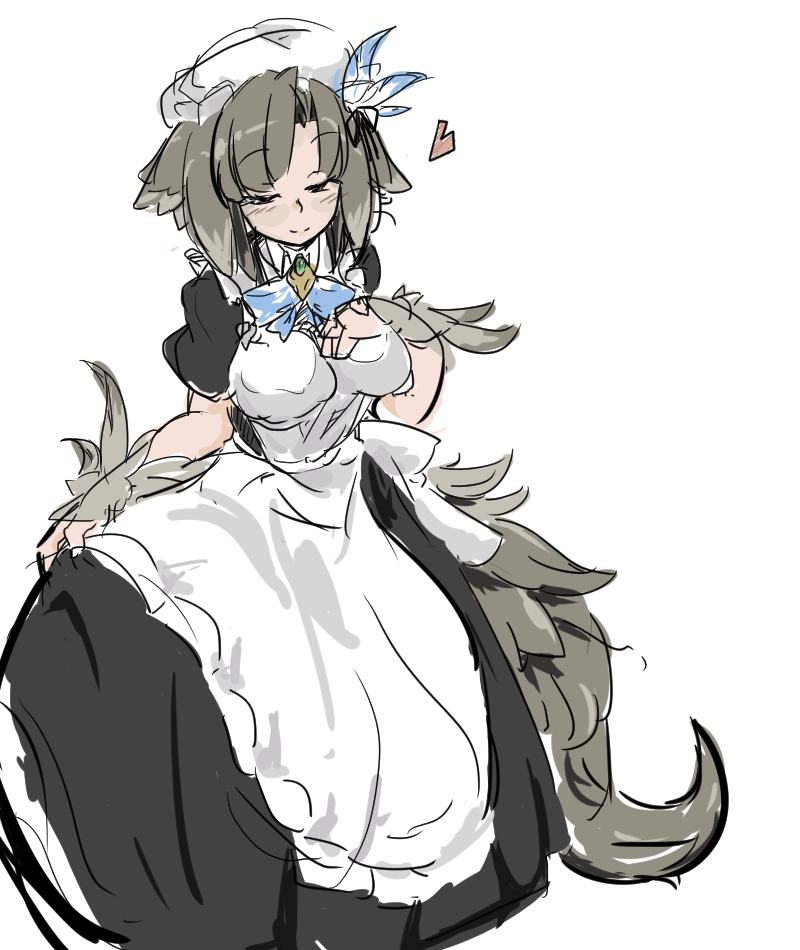 1girl, animal_ears, breasts, closed_eyes, dog_ears, feather_hair_ornament, feathers, female_focus, grey_hair, hair_ornament, hat, heart, holding_own_dress, kikimora_(monster_girl_encyclopedia), large_breasts, light_smile, maid, monster_girl, monster_girl_encyclopedia, monster_girl_encyclopedia_ii, short_hair, simple_background, solo, syannhai-doll, tail, white_background
