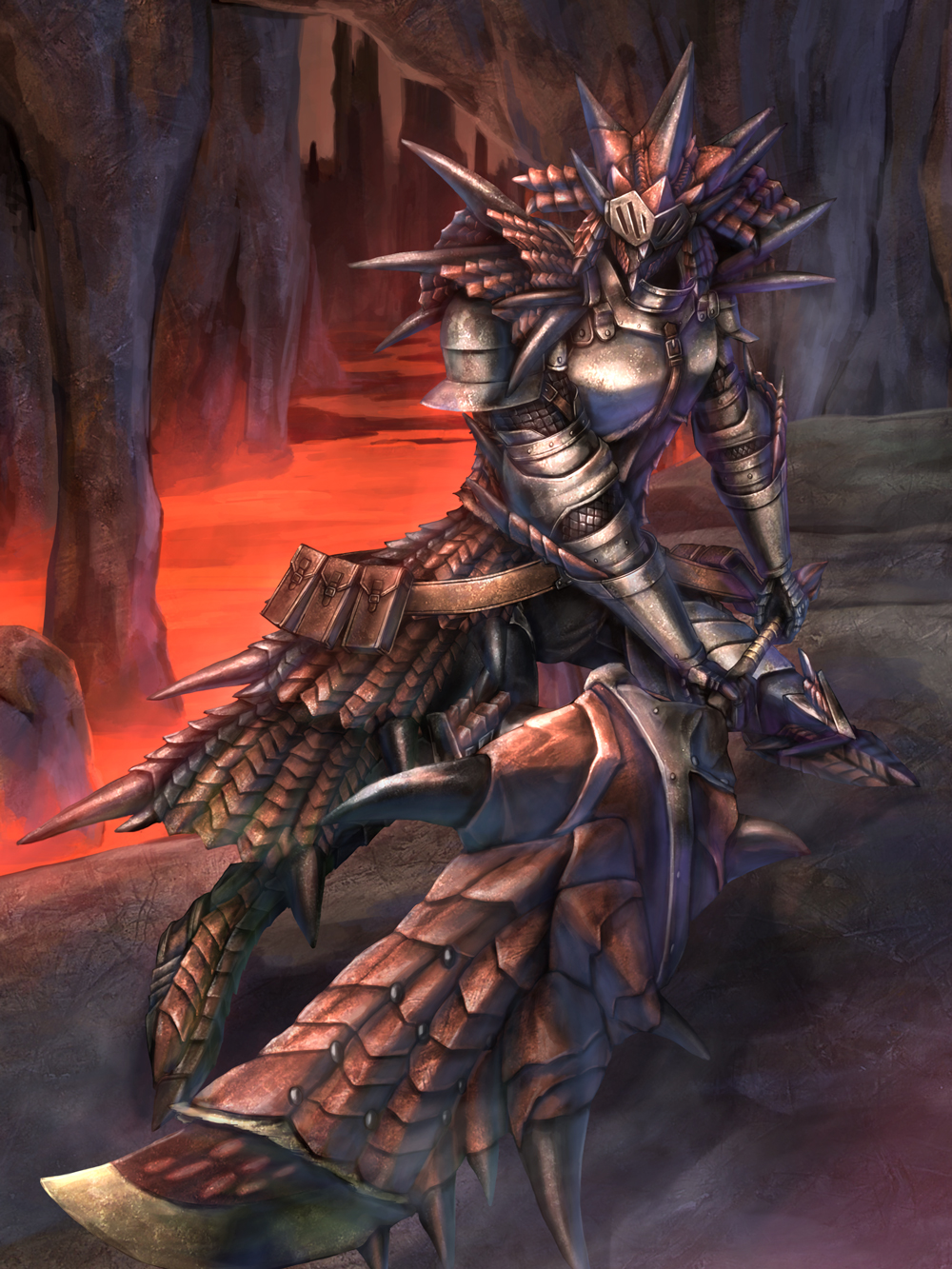 1boy, armor, belt, capcom, cave, highres, huge_weapon, lava, male_focus, monster_hunter_(series), pouch, rathalos_(armor), solo, sword, weapon, yoshinobuta