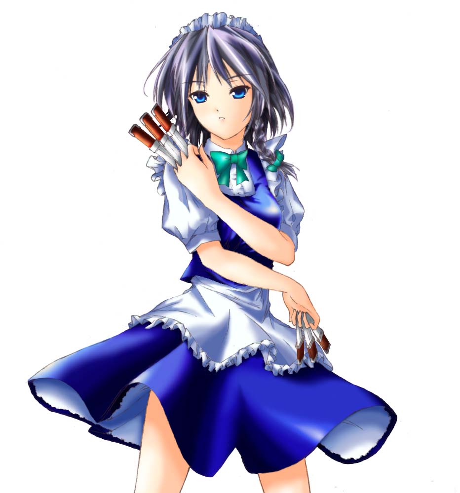 1girl, aoi_(artist), braid, female_focus, izayoi_sakuya, short_hair, silver_hair, solo