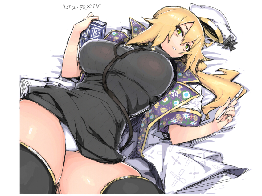 1girl, black_thighhighs, blonde_hair, blush, book, breasts, breasts_apart, dress, female_focus, green_eyes, hat, large_breasts, looking_at_viewer, luis_almeida_(sengoku_bushouki_muramasa), lying, on_back, panties, pantyshot, scalpel, sengoku_bushouki_muramasa, solo, thighhighs, underwear, unworn_hat, unworn_headwear, white_panties, whoosaku