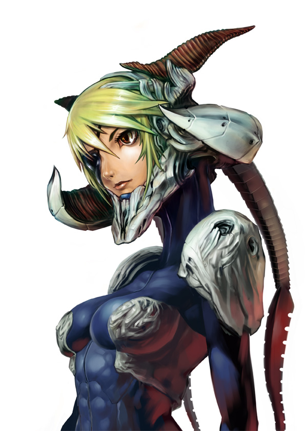 armor, blonde_hair, bodysuit, breasts, brown_eyes, horns, kometani_hisanobu, lips