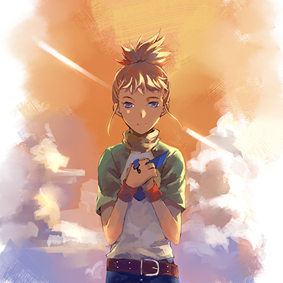 00s, 1girl, areazero, belt, between_fingers, blue_eyes, brown_hair, card, casual, cloud, digimon, digimon_tamers, female_focus, holding, light_smile, lowres, makino_ruki, ponytail, shirt, short_hair, solo, sunlight, t-shirt, twilight