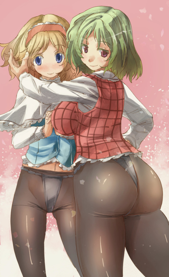 2girls, alice_margatroid, ass, blonde_hair, blue_eyes, blush, breasts, capelet, fundoshi, fundoshi_under_pantyhose, green_hair, groin, hairband, japanese_clothes, kazami_yuuka, large_breasts, looking_at_viewer, multiple_girls, no_nose, no_pants, own_hands_clasped, own_hands_together, pantyhose, pink_eyes, short_hair, smile, touhou, yohane