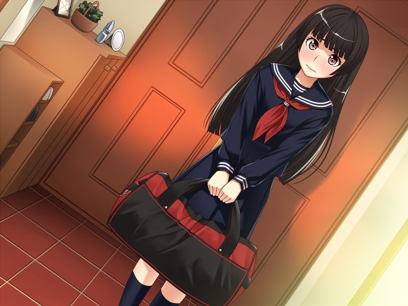 1girl, bag, black_hair, blunt_bangs, blush, brown_eyes, female_focus, game_cg, hime_cut, long_hair, real_intention, school_uniform, serafuku, solo, yizumi, zakuro_suwa