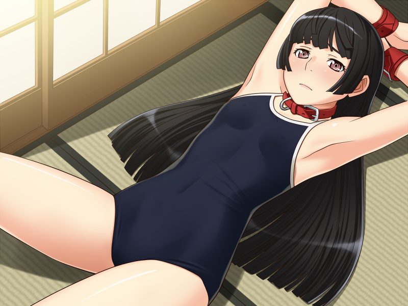 1girl, armpits, arms_up, bdsm, black_hair, blunt_bangs, blush, bondage, bound, brown_eyes, collar, competition_school_swimsuit, competition_swimsuit, cuffs, female_focus, flat_chest, game_cg, handcuffs, hime_cut, long_hair, lying, on_back, one-piece_swimsuit, real_intention, school_swimsuit, solo, swimsuit, yizumi, zakuro_suwa