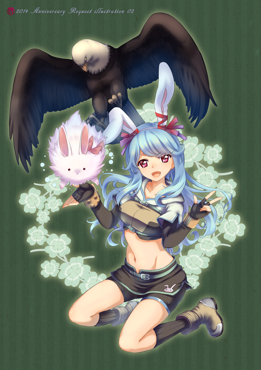 1girl, animal_ears, bird, breasts, rabbit_ears, clover, eagle, four-leaf_clover