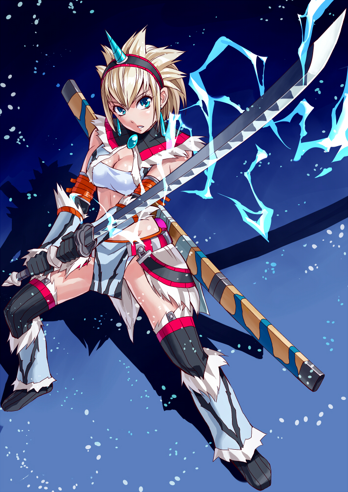 1girl, akito, armor, blue_eyes, breasts, capcom, cleavage, electricity