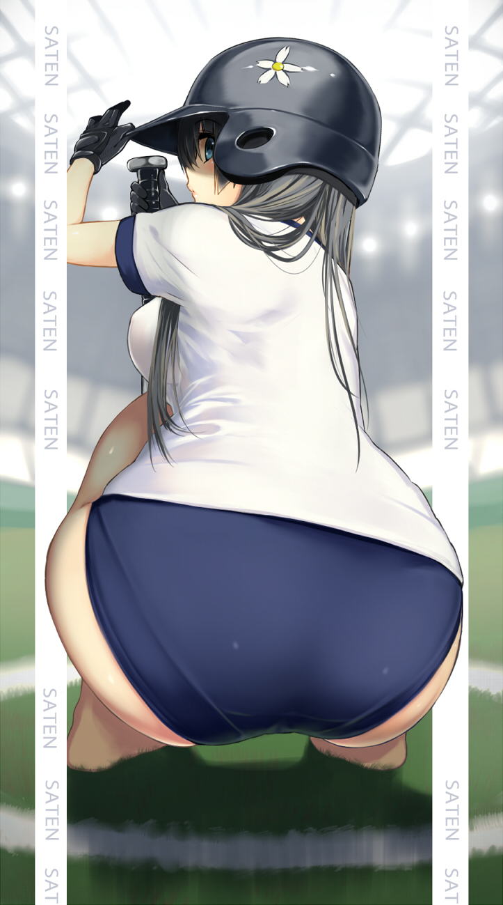 1girl, ass, barefoot, baseball_bat, baseball_helmet, black_gloves, black_hair, blue_eyes