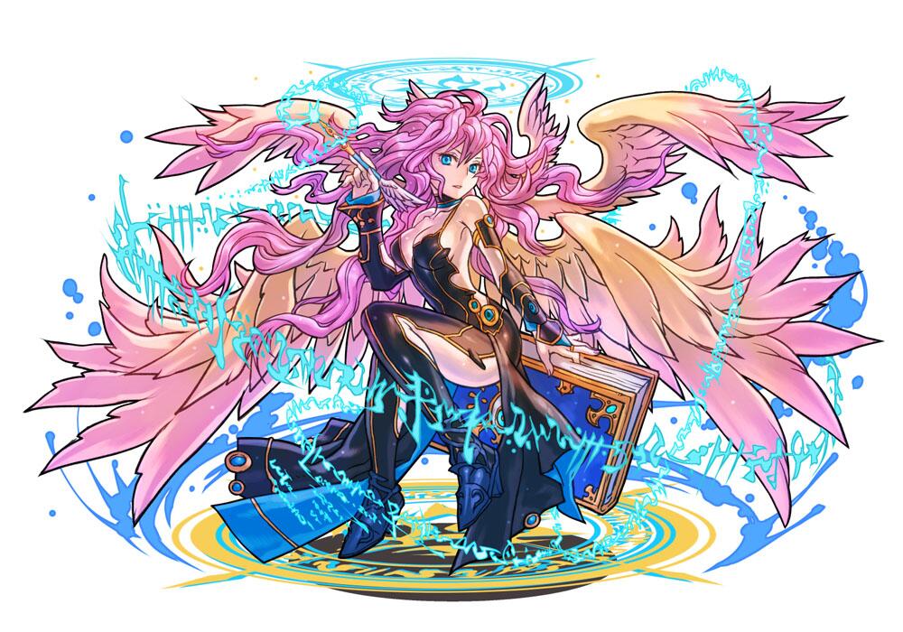 1girl, archangel_metatron_(p&amp;d), artist_request, bare_shoulders, blue_eyes, book, breasts, cleavage, female_focus, gauntlets, hino_shinnosuke, long_hair, looking_at_viewer, magic_circle, metatron_(p&amp;d), multiple_wings, official_art, pen, pink_hair, puzzle_&amp;_dragons, shinnosuke_hino, solo, wings