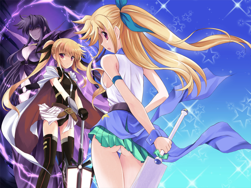 3girls, alicia_testarossa, bardiche_(nanoha), bardiche_(zanber_form)_(nanoha), blonde_hair, blush, breasts, fate_testarossa