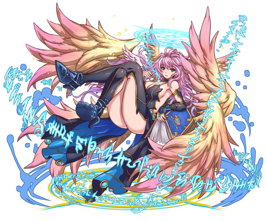 1girl, archangel_metatron_(p&amp;d), bare_shoulders, blue_eyes, breasts, cleavage, female_focus, full_body, funamushi_(funa), large_breasts, long_hair, looking_at_viewer, metatron_(p&amp;d), multiple_wings, pen, pink_hair, puzzle_&amp;_dragons, solo, thighs, wings