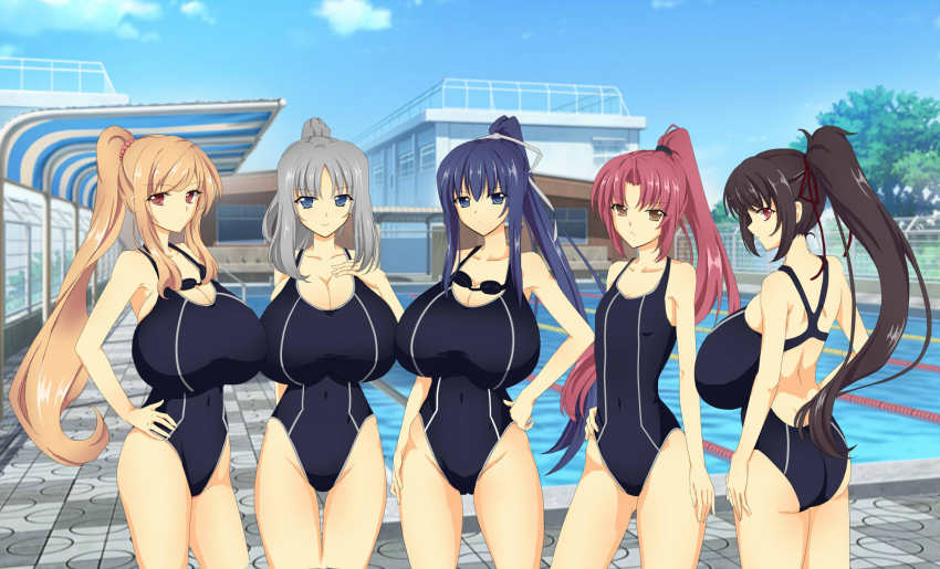 5girls, arms_behind_back, ass, blonde_hair, blue_eyes, blue_hair, breasts, brown_eyes