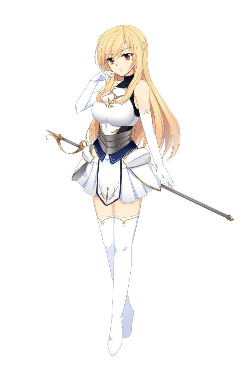 1girl, armor, blonde_hair, boots, breastplate, breasts, clothing_cutout, elbow_gloves