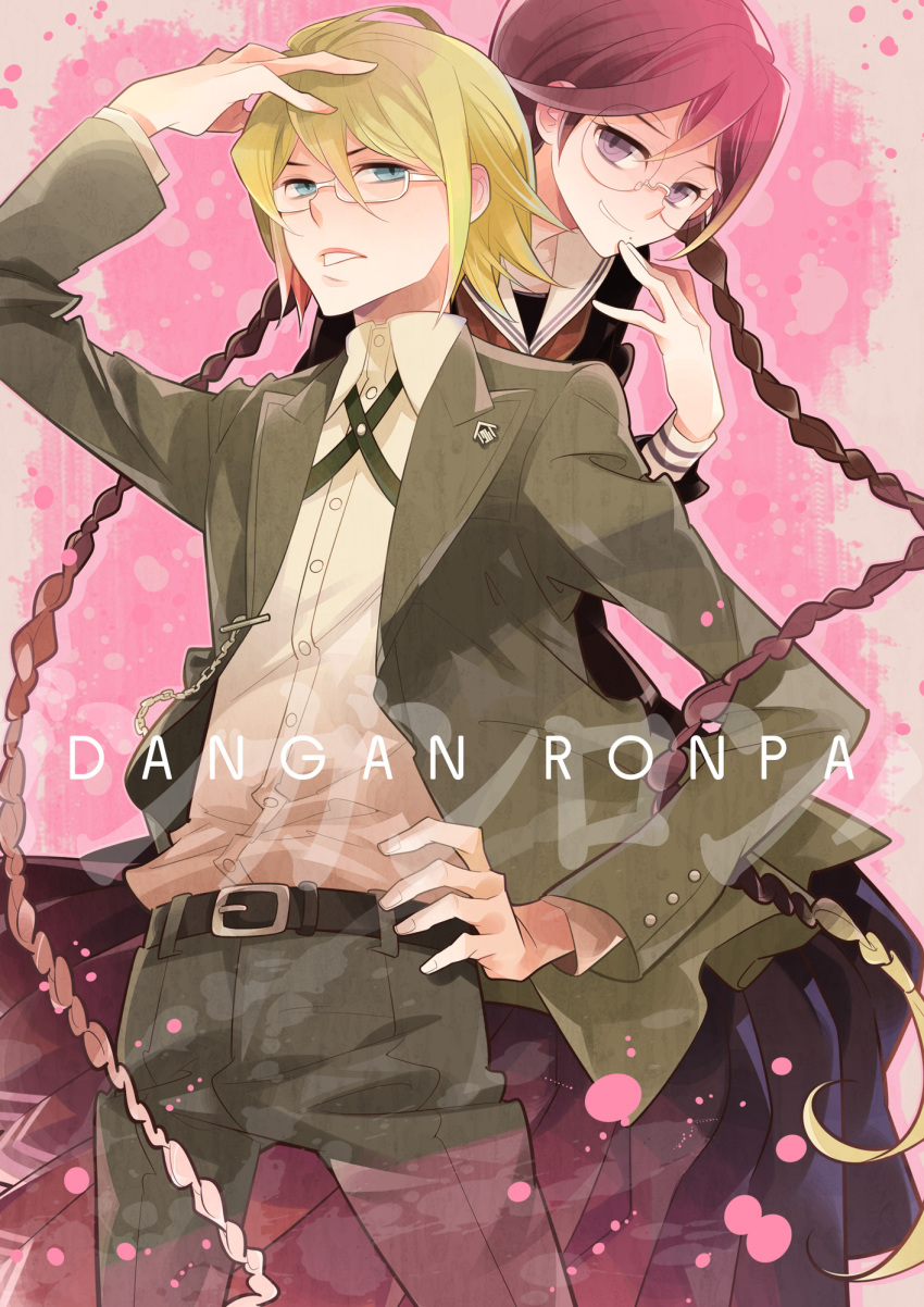 10s, 1boy, 1girl, blonde_hair, blue_eyes, braid, brown_hair, danganronpa_(series)