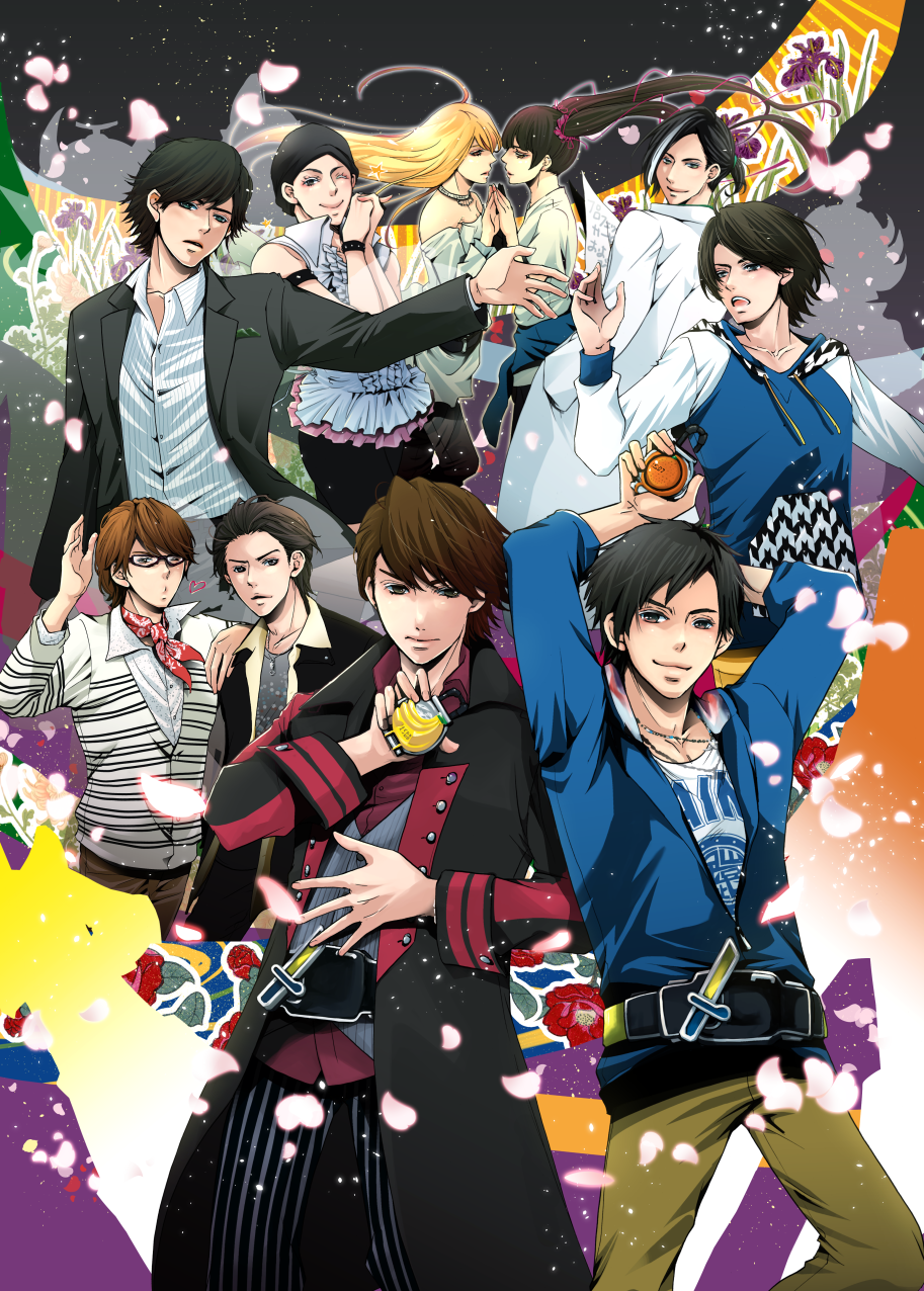 2girls, 6+boys, anzu_(nanakoanzu), arms_up, bad_id, bad_pixiv_id, banana, bare_shoulders