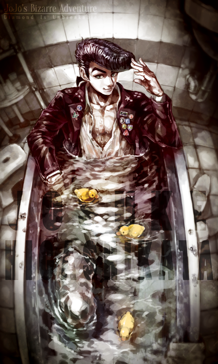 1boy, bathtub, black_hair, from_above, higashikata_josuke, highres, jojo_no_kimyou_na_bouken, male_focus