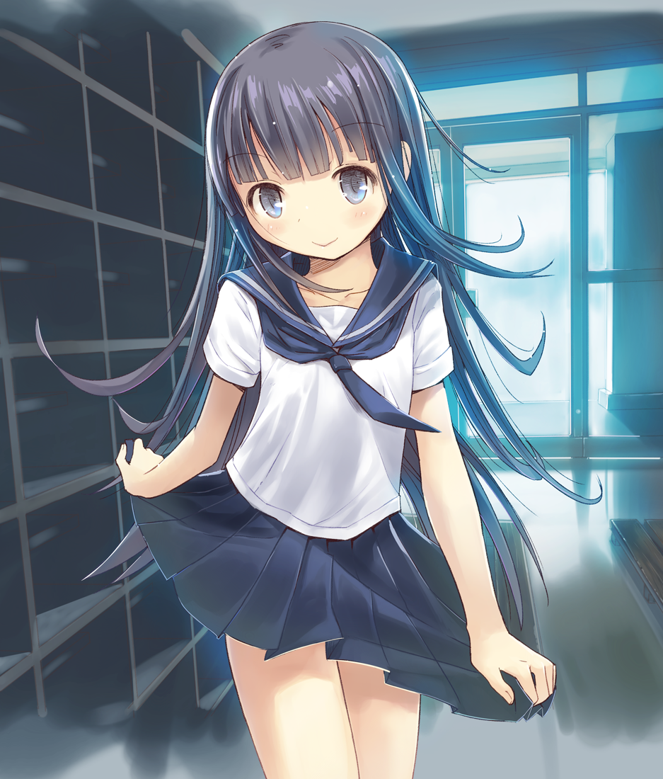 1girl, blue_eyes, blue_hair, blush, cupboard, female_focus, kanikani_(juicy), long_hair, looking_at_viewer, matching_hair/eyes, original, school_uniform, smile, solo