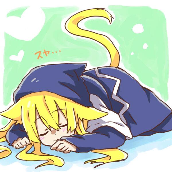 1girl, animal_ears, blonde_hair, blue_dress, cat_ears, cat_tail, closed_eyes, dress, female_focus, hat, heart, long_hair, madou_monogatari, matsu_(sekaowaoneok), puyopuyo, solo, tail, witch_(puyopuyo), zzz